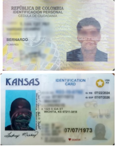 Cuatro muestras de documentos de identidad con retratos alterados por hologramas o elementos de seguridad reflectantes.