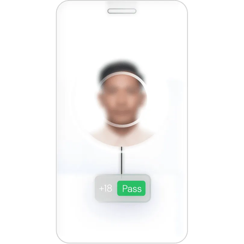 Mobile age-estimation screen showing a blurred face with a green “Pass” result.
