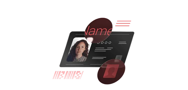 Dark document-verification graphic with layered ID cards, scanning reticle, and percentage accuracy statistic.