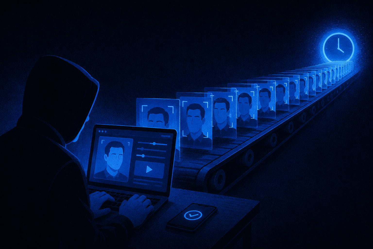 Abstract illustration of a hacker automating fraud