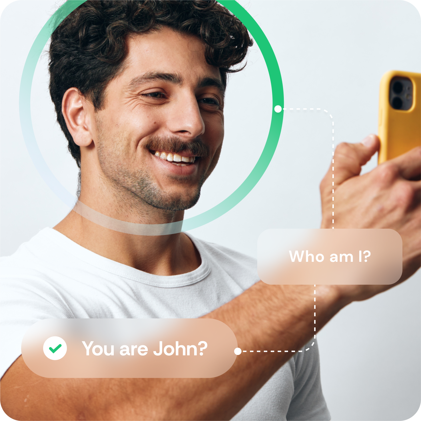 Hombre sonriente sosteniendo un teléfono durante la verificación facial, con los mensajes “Who am I?” y “You are John?”.