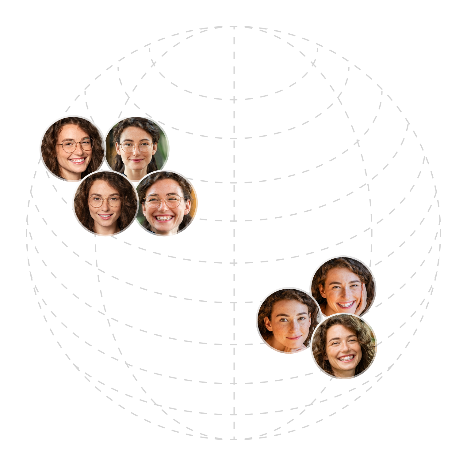 Pequeños grupos de retratos de rostros diversos dispuestos alrededor de una red punteada con forma de globo.