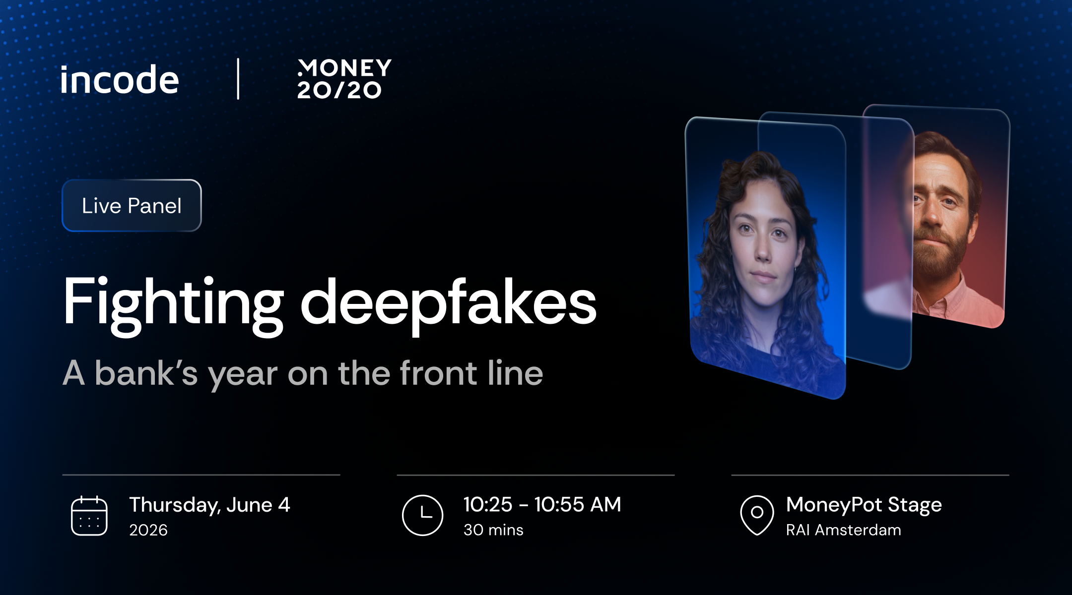 Image with event details for the live panel of Incode in Money 2020 2026, Europe