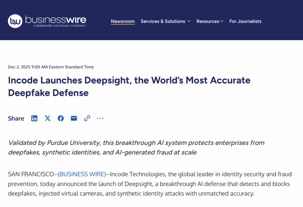 Business Wire's article on Incode's DeepSight.