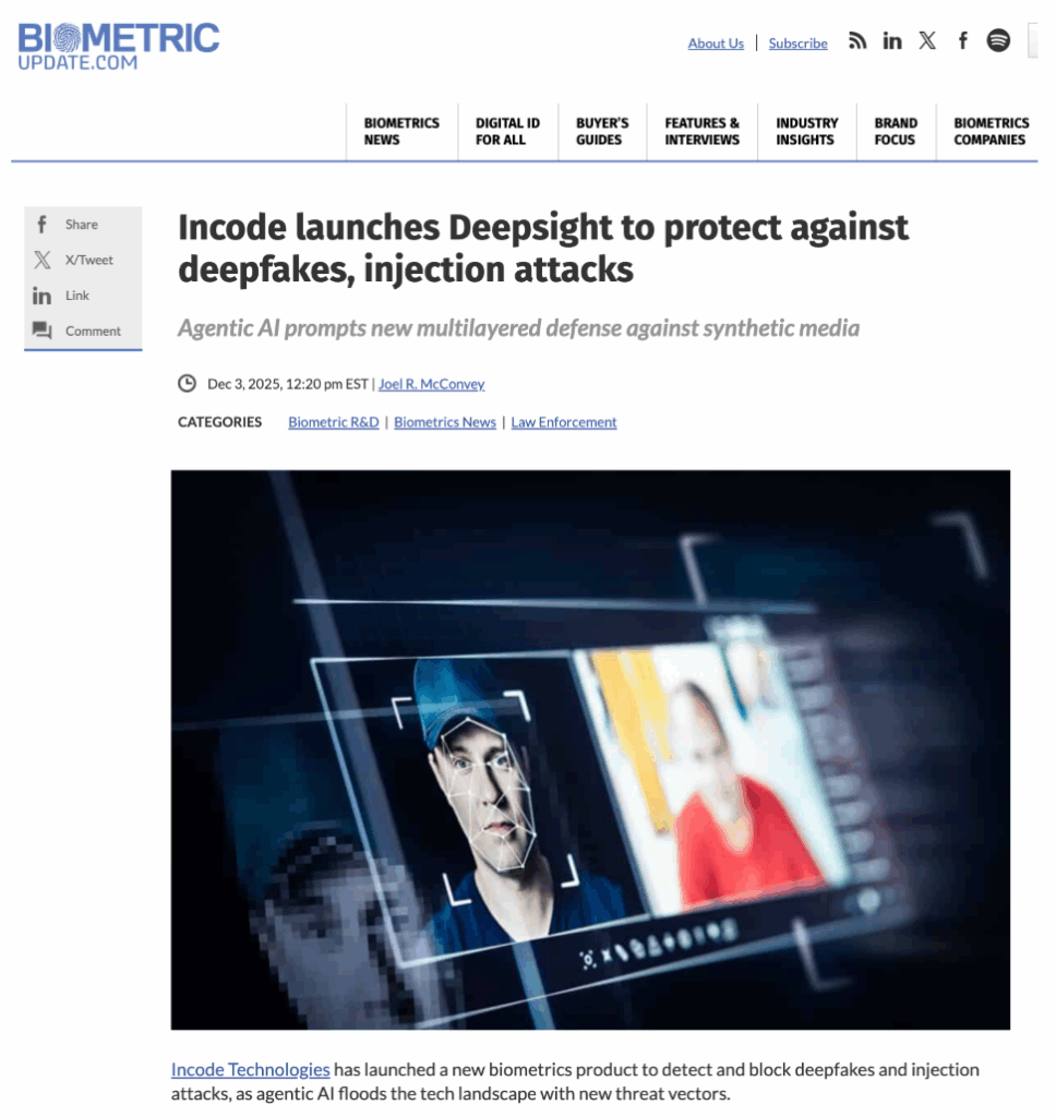 BiometricUpdate's article on Incode's DeepSight.