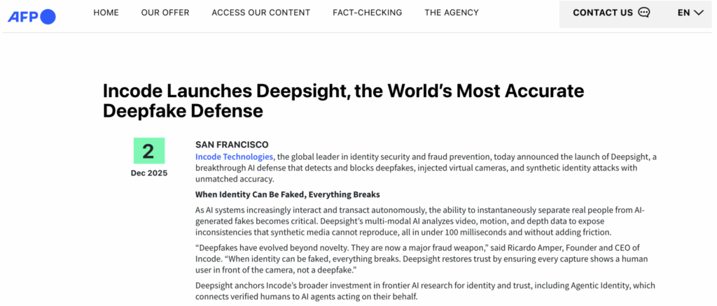 AFP's article on Incode's DeepSight.