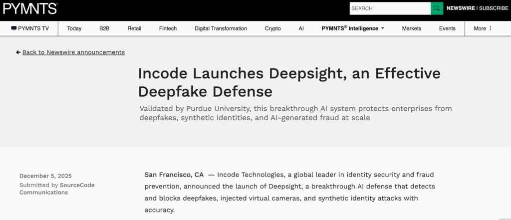 PYMNTS's article on Incode's Deepshigh.