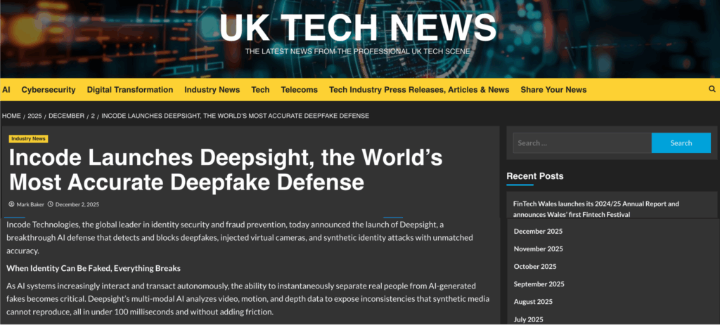 UK Tech News's article on Incode's Deepsight.