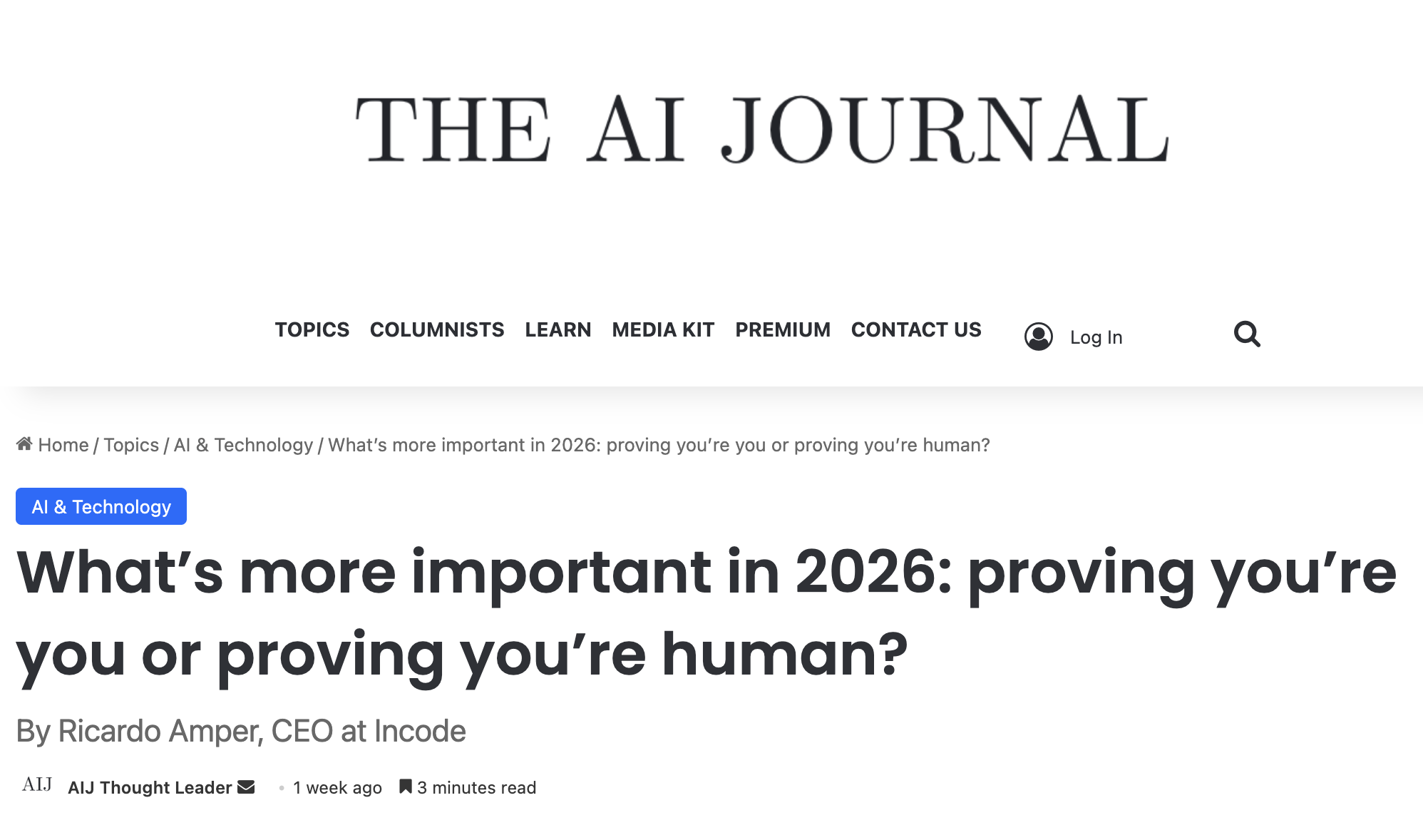 Screenshot of the article by Ricardo Amper on The AI Journal