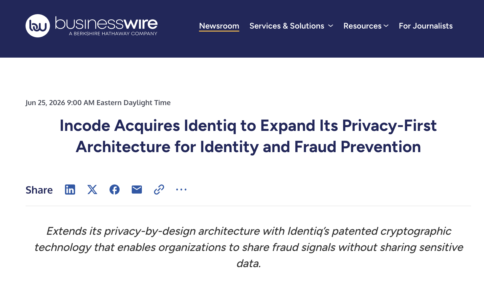 Screenshot of Business Wire article on Incode and Identiq