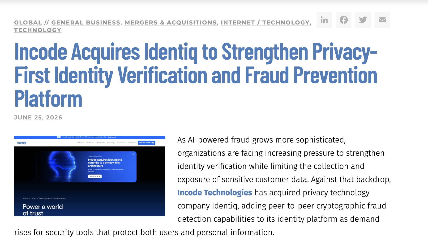 Screenshot of article n Citibiz about Incode and Identiq