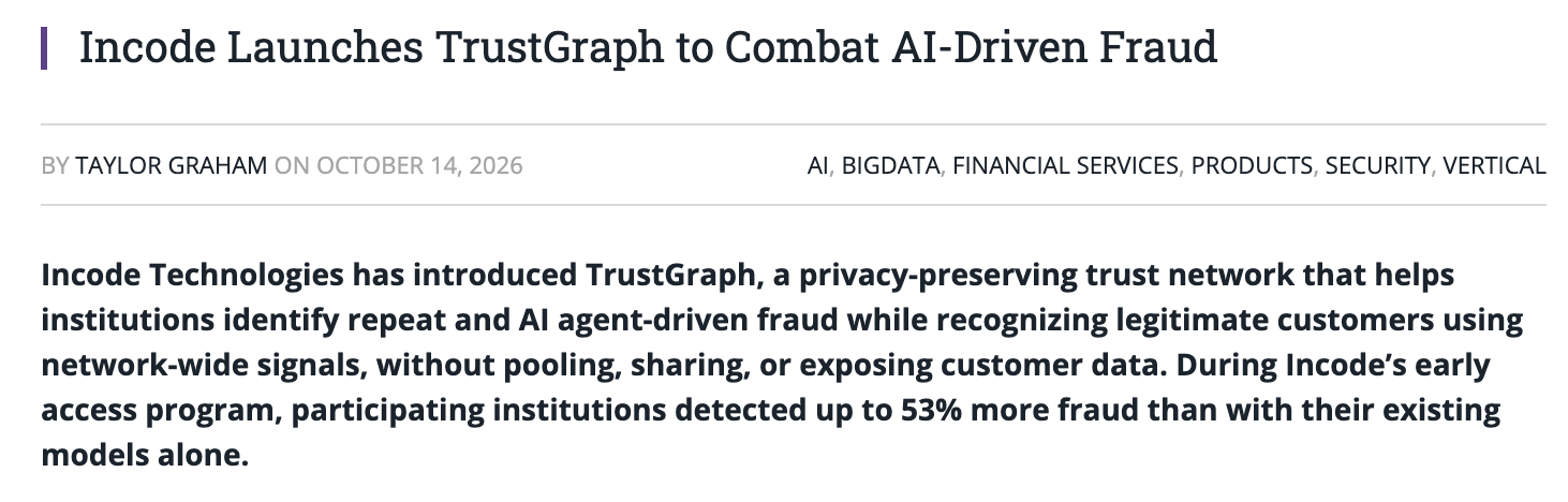 Screenshot of the Digital IT News headline announcing Incode’s TrustGraph launch.