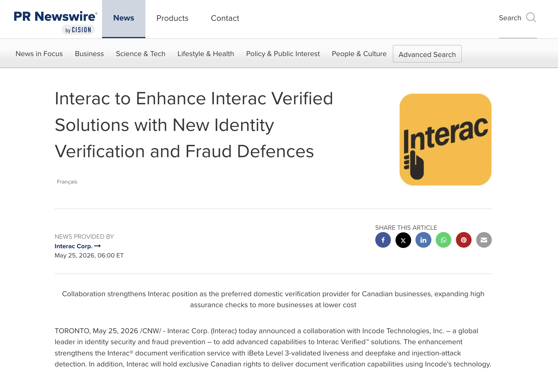 Screenshot of a PR Newswire article on Incode and Interac alliance