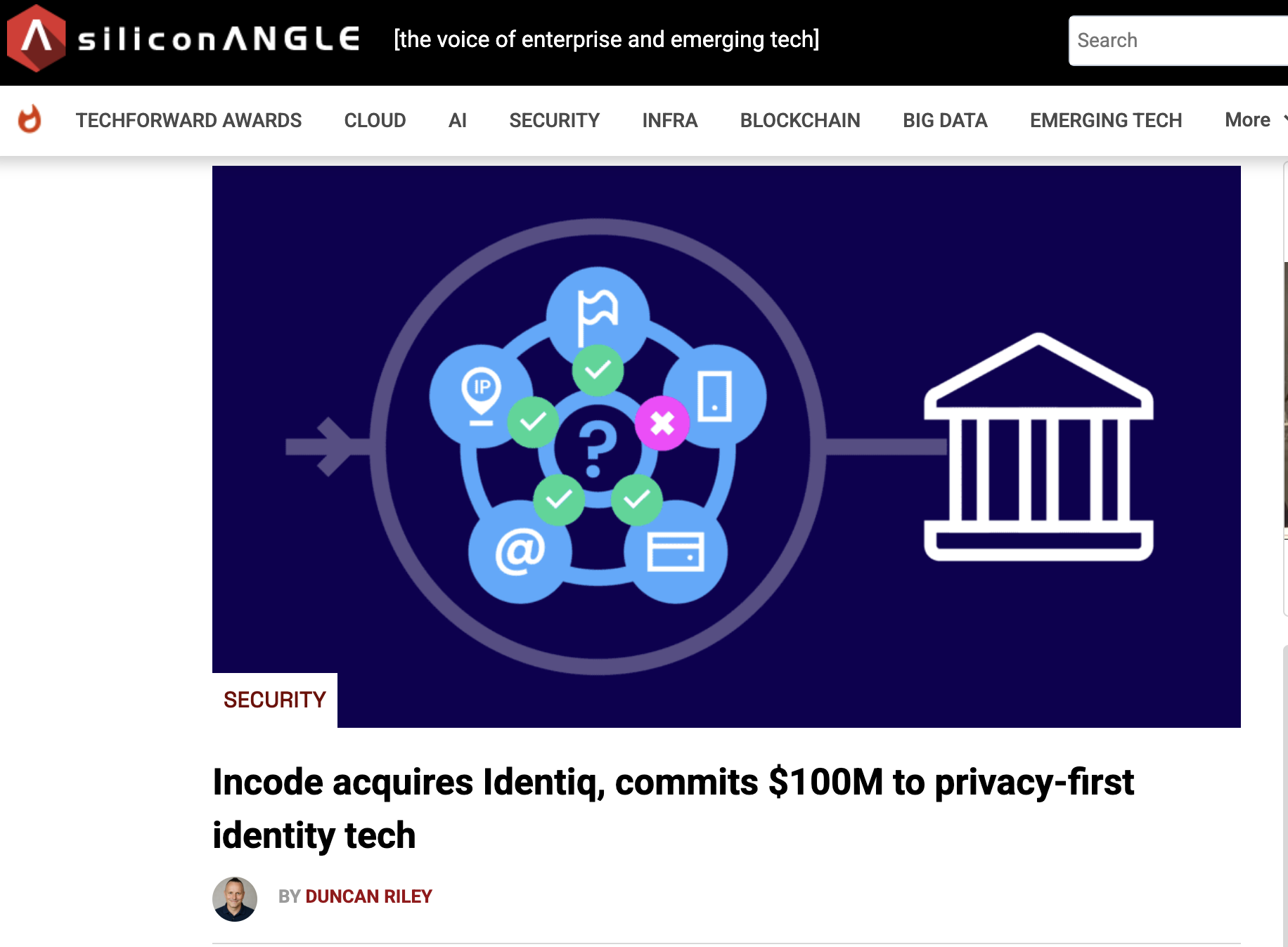 Screenshot of the article about Incode and Identiq in SiiconANGLE
