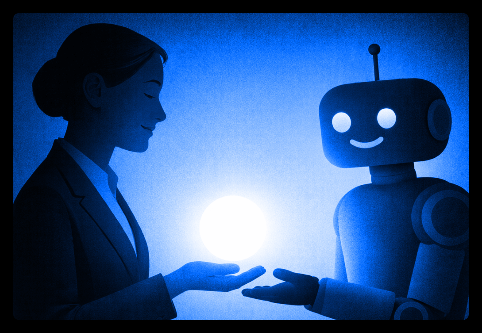 Blue illustration of a human and a friendly robot reaching toward each other, representing the link between human identity and AI agents.