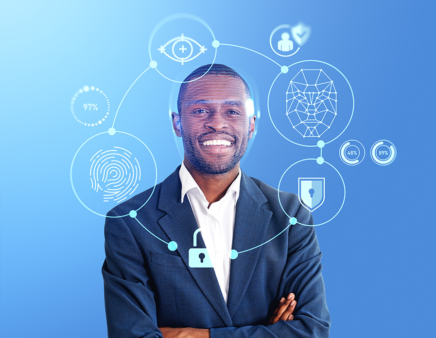 Smiling businessman on blue background with swirling vector icons.