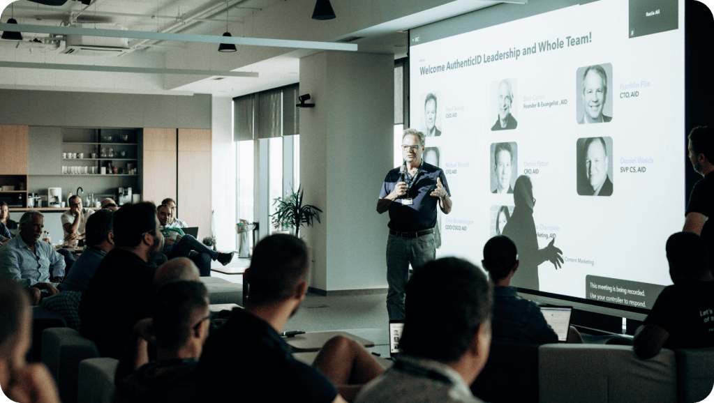 AuthenticID CEO Reed Taussig addressed the team at the Incode office.