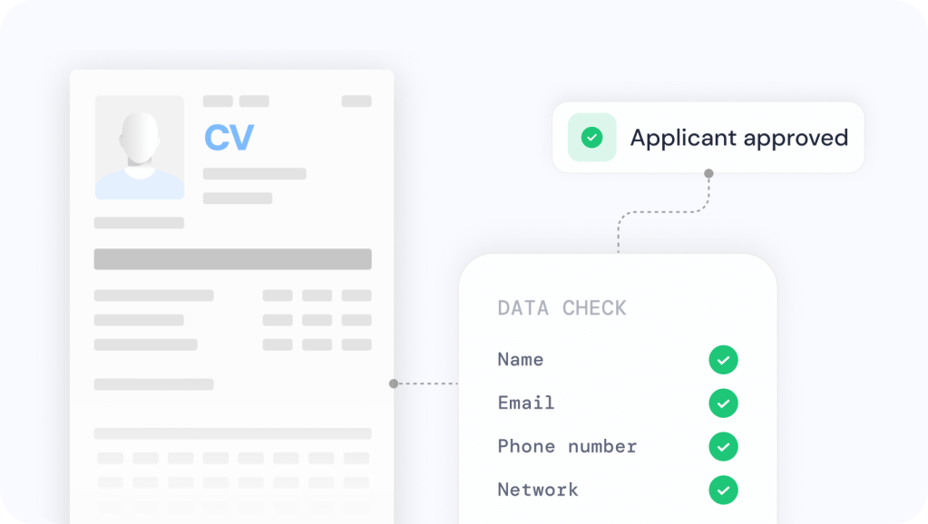 A candidate verification layer can silently screen CVs by cross-referencing public data, records, and online presence to detect inconsistencies, fraud, or risk indicators before any contact is made.