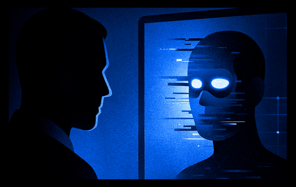 Illustration of a man looking at an imagined AI