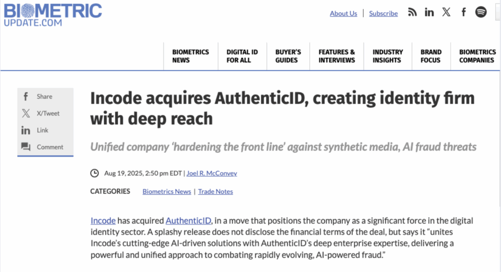 Biometric Update article on Incode.