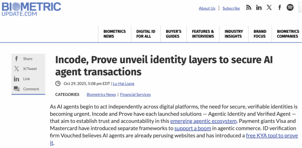 Biometric Update article on Incode.