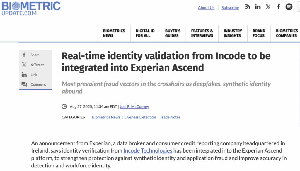 Biometric Update article on Incode.