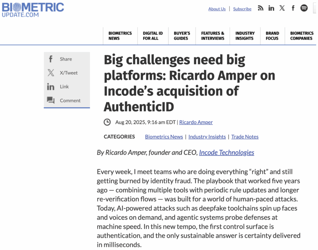 Biometric Update article about Incode.