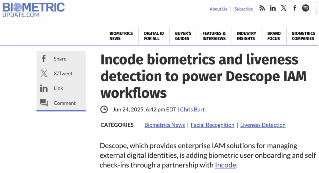 Biometric Update article on Incode.