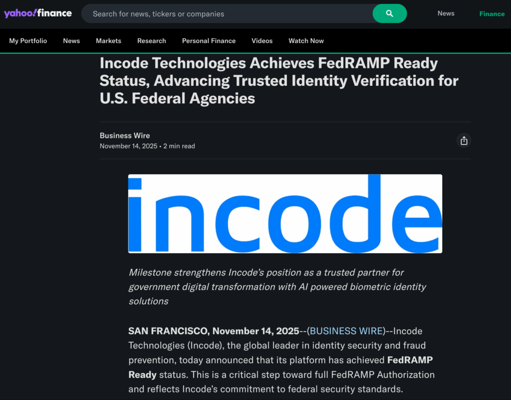 Yahoo! Finance article on Incode.
