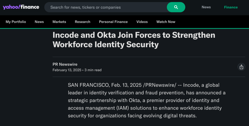 Yahoo! Finance article on Incode