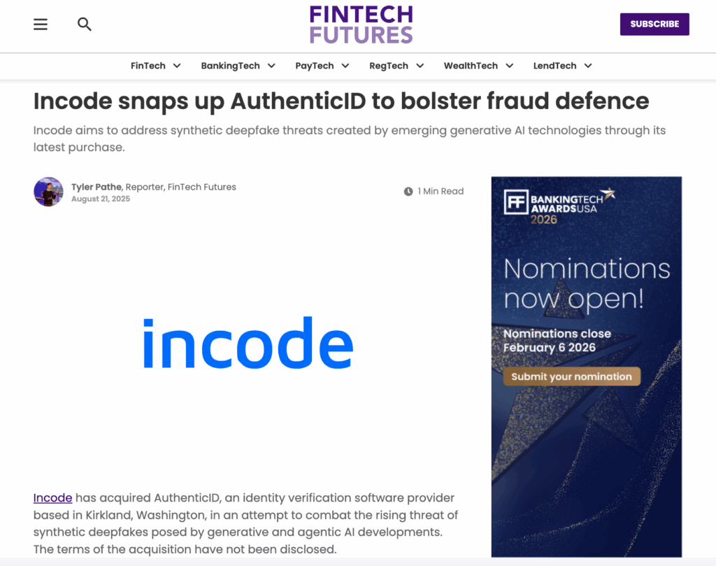 FinTech Futures article on Incode.