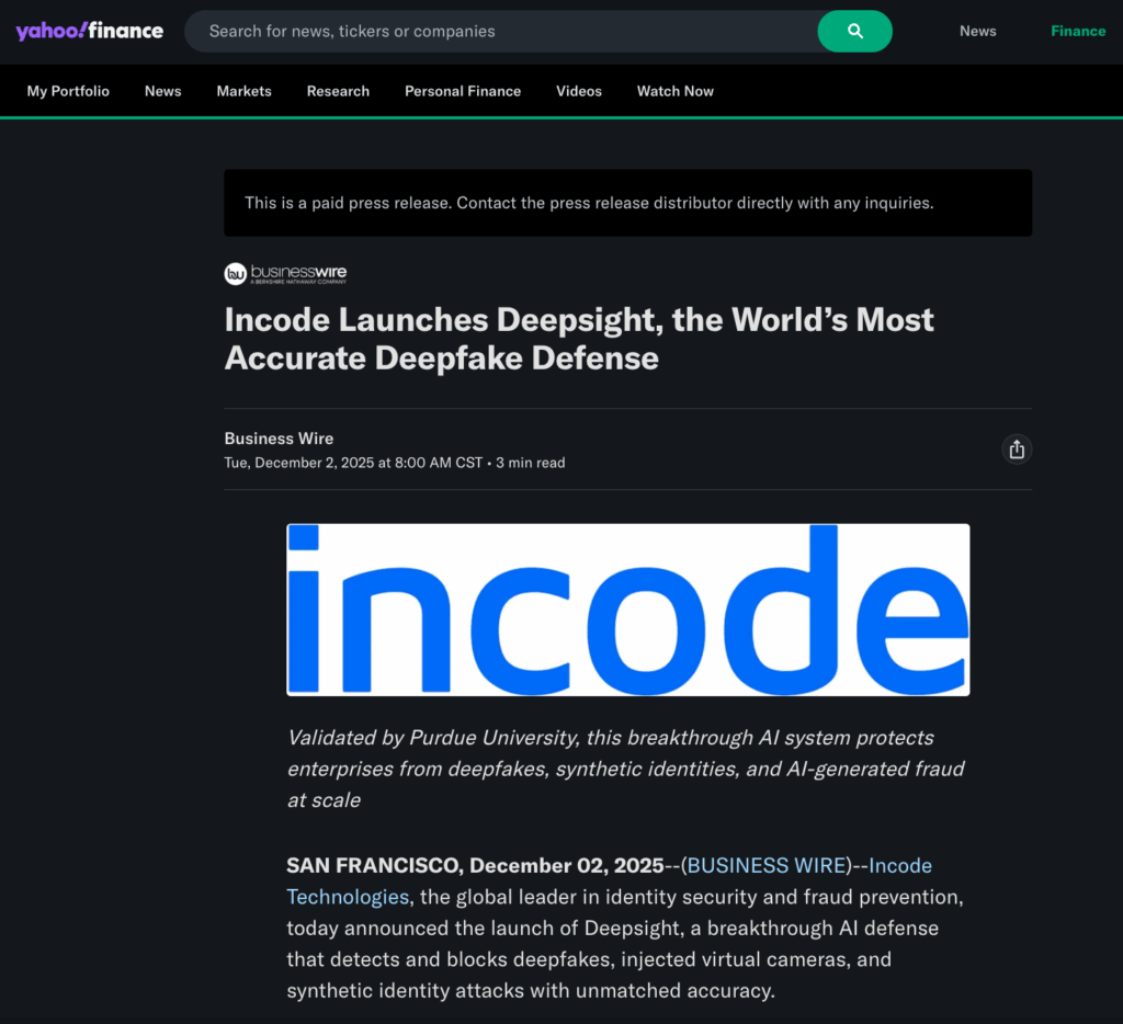 Yahoo! Finance's article about Incode's Deepsight.