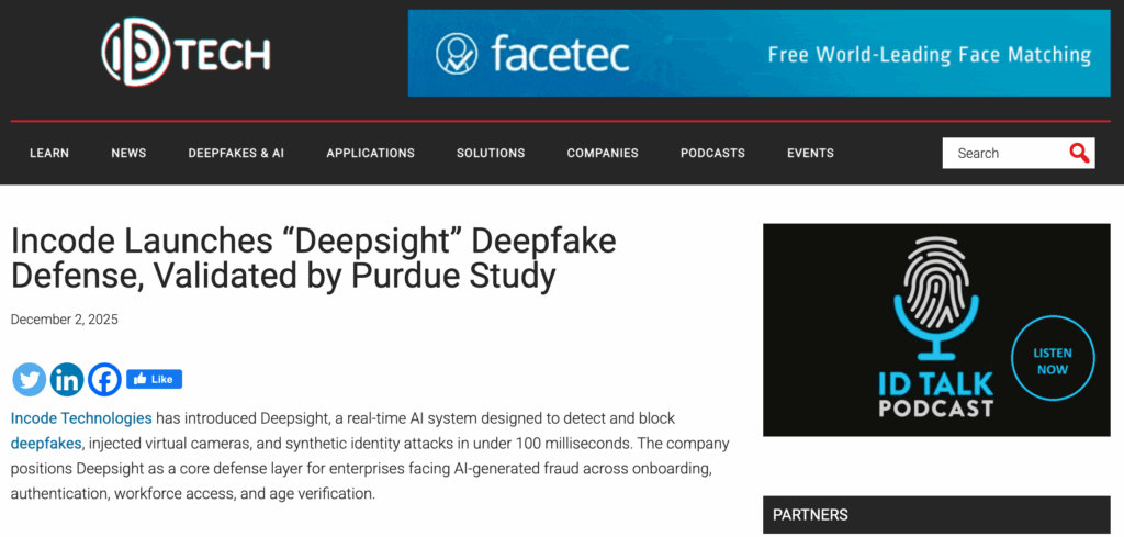 ID Tech's article on Incode's DeepSight.